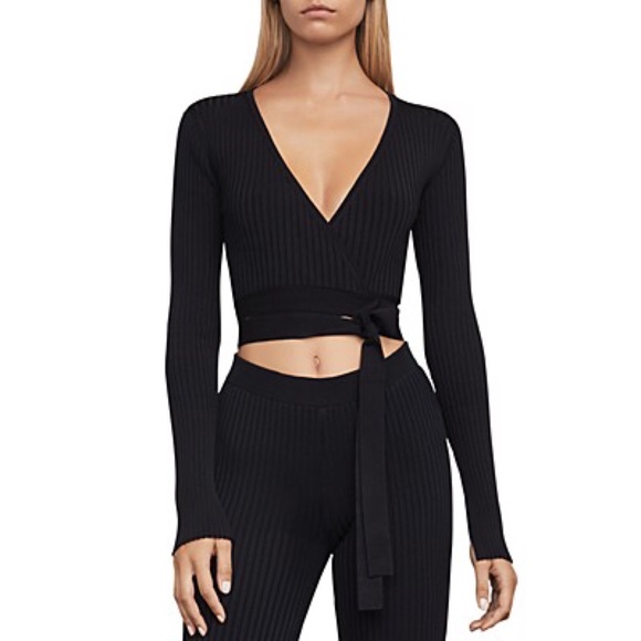 BCBG MaxAzria Knit Wrap Ribbed Crop Top in Black - Picture 2 of 8